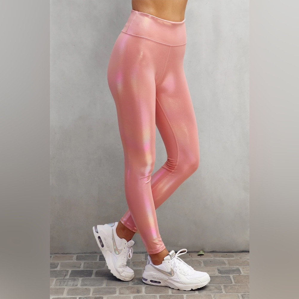Wear It To Heart Pink Metallic Iridescent High Rise Leggings